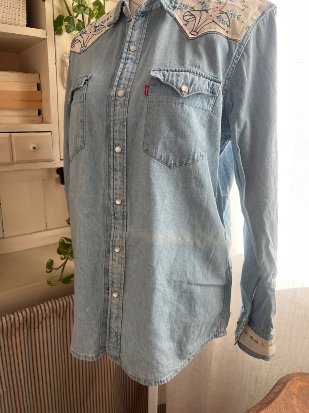 Levi denim button down shirt Upcycled antique embroidery cross stitch detail MED - Picture 4 of 8